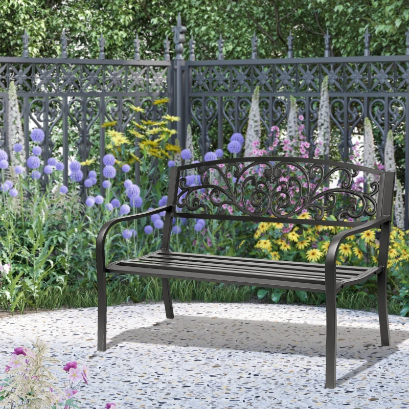 Outsunny Metalen tuinbank, bloemendesign, 2-zits, draagvermogen 240 kg, staal, 127L x 60B x 87H cm, zwart