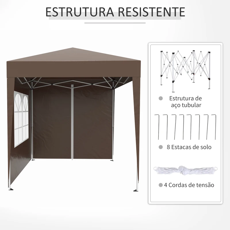 Outsunny Tenda Dobrável 2x2 m  Tenda de Jardim com 4 Paredes Laterais Tecido Oxford 2 Portas 2 Janelas e Bolsa de Transporte Marrom