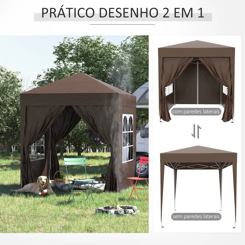 Outsunny Tenda Dobrável 2x2 m  Tenda de Jardim com 4 Paredes Laterais Tecido Oxford 2 Portas 2 Janelas e Bolsa de Transporte Marrom