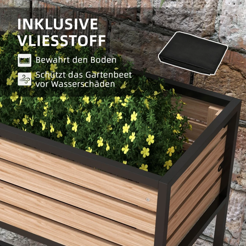 Outsunny Houten Plantenbak met 2 Lagen, 3 Plantenbakken, Opbergplank, Natuurlijk Hout, Metalen Frame, 83B x 39D x 100H cm, Lichtbruin