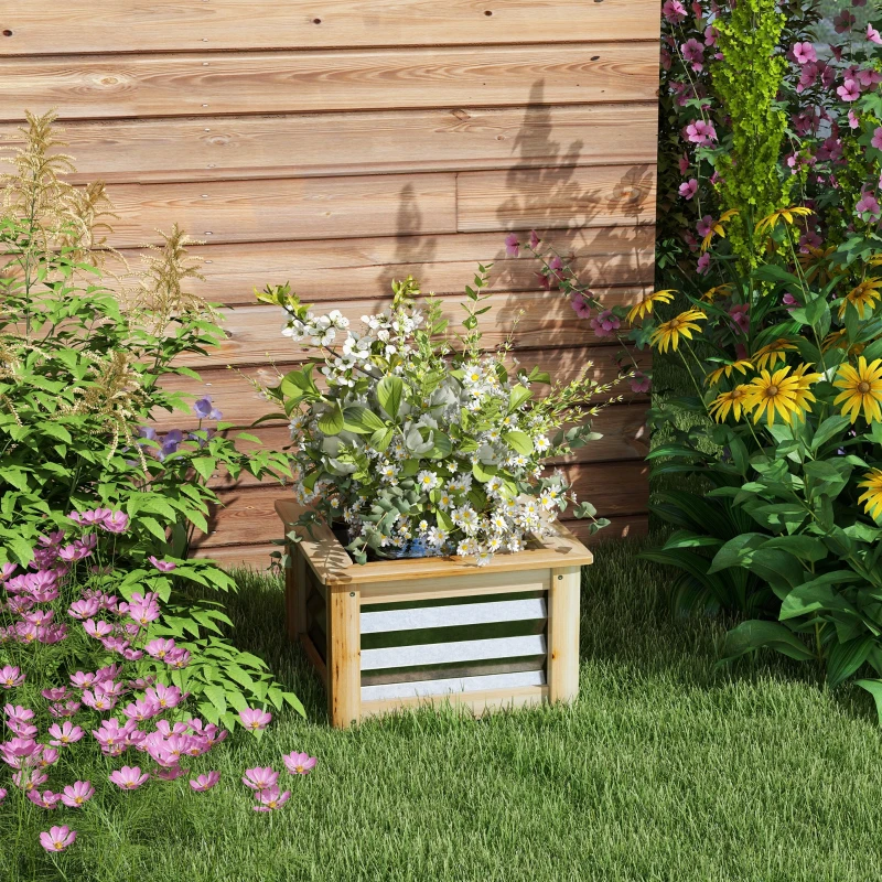 Outsunny Houten en metalen zelfdrainerende moestuinbak, open bodem, 45 x 45 x 30 cm