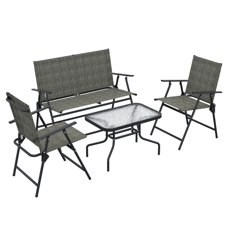 Outsunny Outdoor 4 Pieces Patio Furniture Set with Breathable Mesh Fabric Seat & Backrest, Garden Set with Two Foldable Armchairs, a Loveseat & Glass Top Table, Mixed Brown