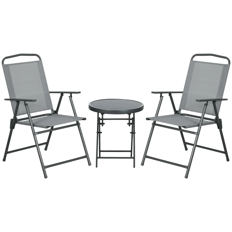 Outsunny 3 Pieces Garden Table and Chairs, Outdoor Bistro Set, Patio Conversation Furniture Set with Foldable Breathable Mesh Fabric Armchairs & Glass Top Coffee Table, Light Grey