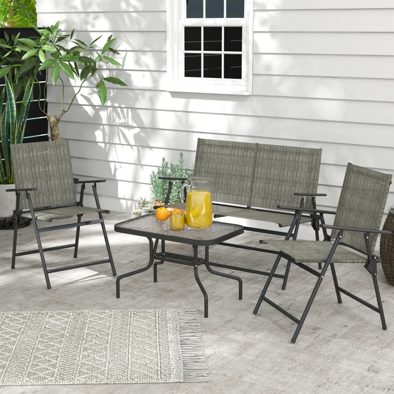 Outsunny Outdoor 4 Pieces Patio Furniture Set with Breathable Mesh Fabric Seat & Backrest, Garden Set with Two Foldable Armchairs, a Loveseat & Glass Top Table, Mixed Brown