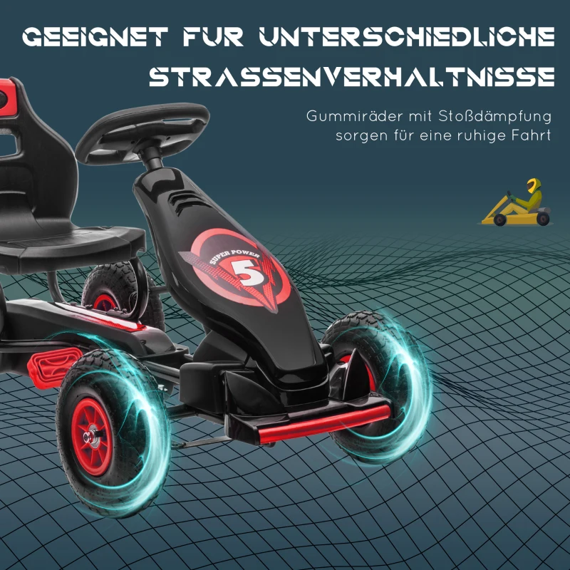 HOMCOM Kinder-Gokart met pedalen, verstelbare zitting, voor binnen en buiten, vanaf 5 jaar, rood+zwart, 121 x 58 x 61 cm(m-6)