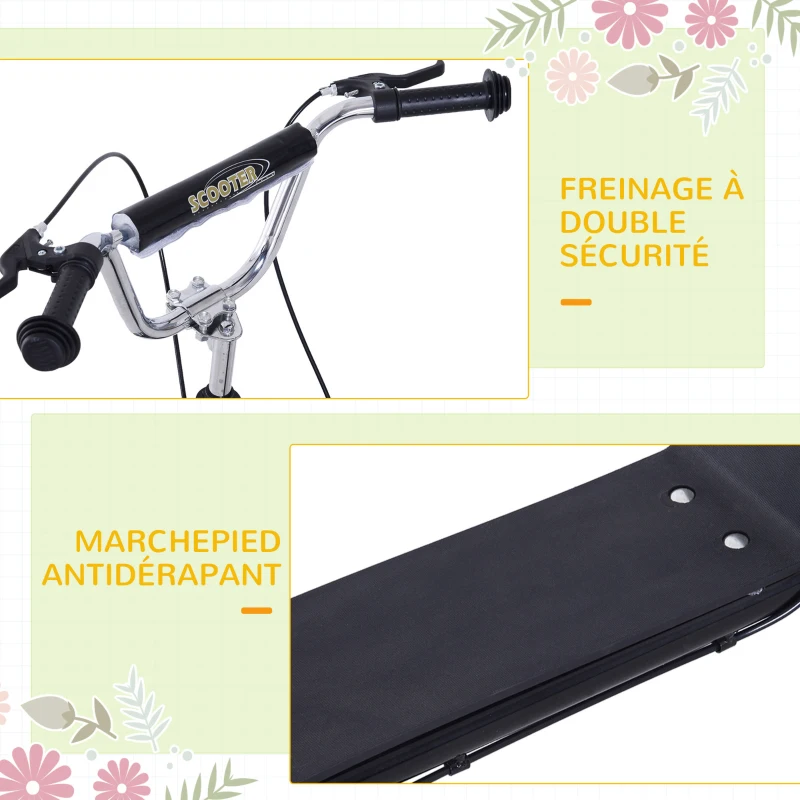 HOMCOM Trottinette patinette Grandes Roues pneumatiques Ø 41 cm Hauteur Guidon réglable béquille pegs Inclus Acier Noir