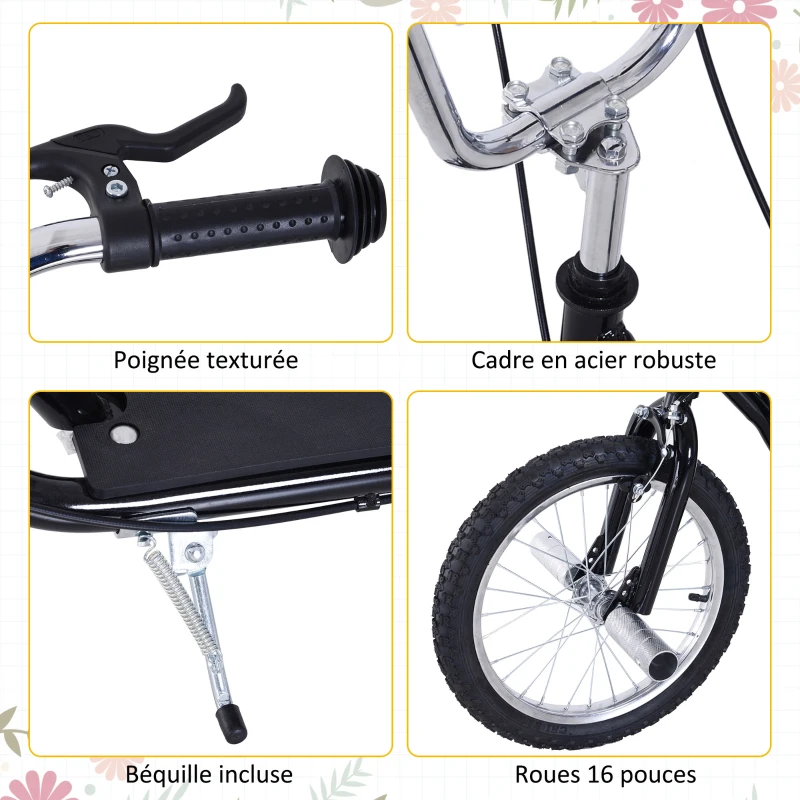 HOMCOM Trottinette patinette Grandes Roues pneumatiques Ø 41 cm Hauteur Guidon réglable béquille pegs Inclus Acier Noir