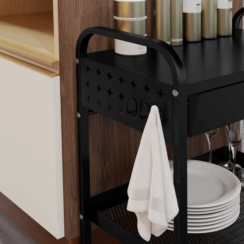 HOMCOM Carrello da Cucina con Cesto, Cassetto Estraibile e 3 Ganci, in PP e Metallo, 61x32.6x58.5 cm, Nero