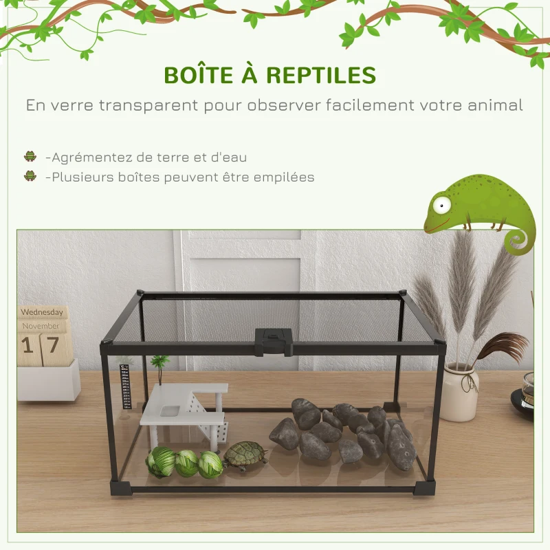 PawHut Boîte à reptiles boîte d'élevage de reptiles habitat de terrarium transparent couvercle coulissant treillis métallique
