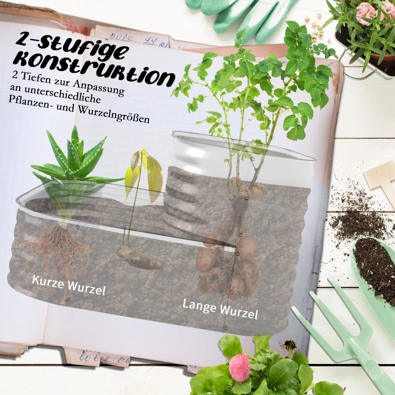 Outsunny Metalen verhoogde plantenbak, 2 niveaus, weerbestendig, open bodem, 120 x 90 x 30 cm, kleur: zilver