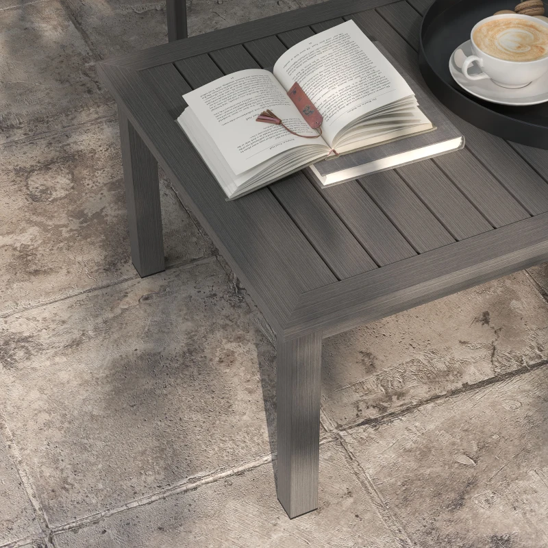 Outsunny Aluminium Outdoor Side Table, Slat Patio Coffee Table with Wood Grain Effect for Garden, Balcony, 100cm x 60cm, Brown