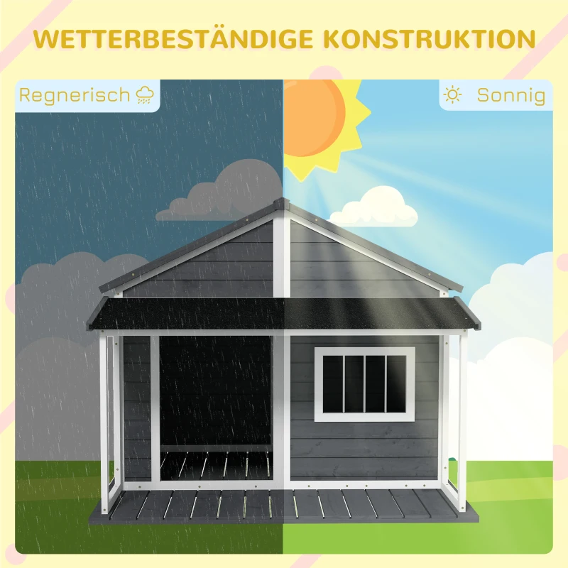 PawHut Hondenhok voor buiten - Inclusief veranda - Weerbestendig - 124 cm x 112 cm x 105 cm - Grijs + Wit(m-5)