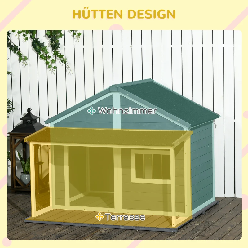 PawHut Hondenhok voor buiten - Inclusief veranda - Weerbestendig - 124 cm x 112 cm x 105 cm - Grijs + Wit(m-4)