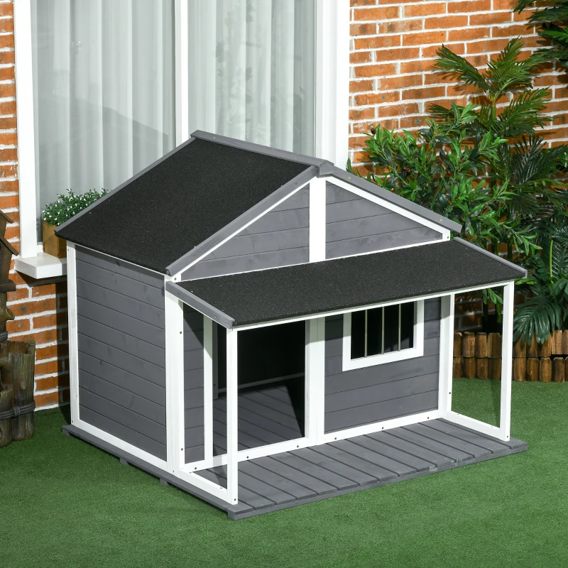PawHut Hondenhok voor buiten - Inclusief veranda - Weerbestendig - 124 cm x 112 cm x 105 cm - Grijs + Wit(m-8)