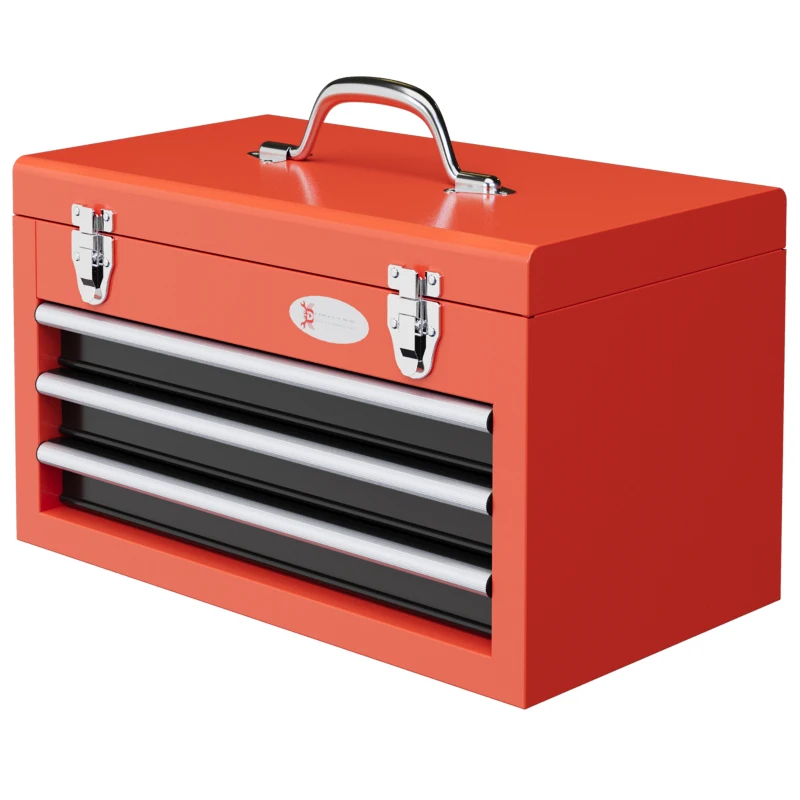 DURHAND Caixa de Ferramentas de Aço Baú de Ferramentas Portátil com 2 Gavetas e 1 Caixa Superior e Alça 45x24x27 cm Vermelho
