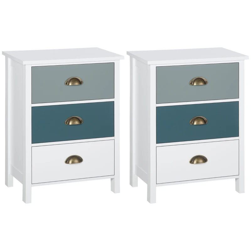 HOMCOM Bedside Table Set of 2 Chest of 3 Drawers Shabby Chic Nightstands with Metal Handle Sofa Side Table for Living Room, Bedroom,Grey and blue