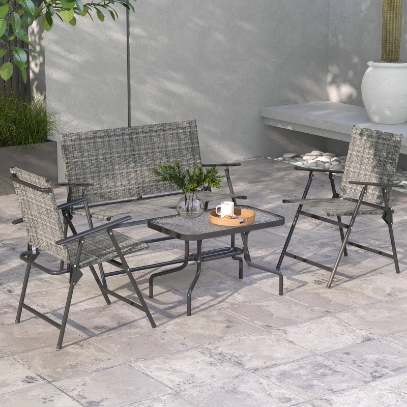 Outsunny Set Salotto da Giardino con Tavolino in Vetro, 2 Poltrone e Divanetto Pieghevoli, Grigio