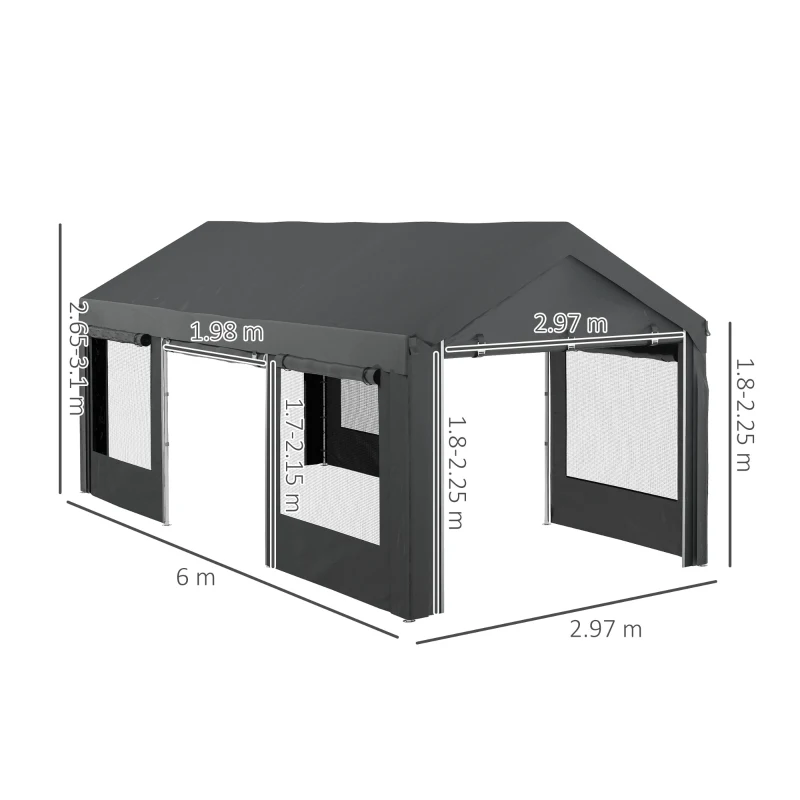 Outsunny Gazebo per Auto e Feste con Altezza Regolabile, 4 Porte e 4 Finestre, 6x3m Grigio Scuro