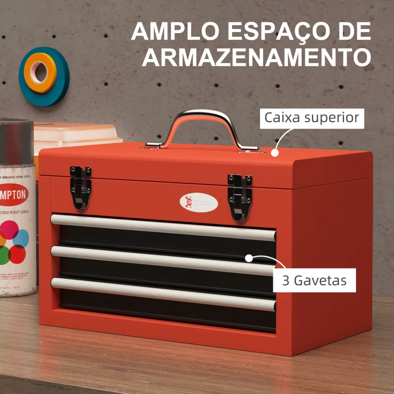 DURHAND Caixa de Ferramentas de Aço Baú de Ferramentas Portátil com 2 Gavetas e 1 Caixa Superior e Alça 45x24x27 cm Vermelho
