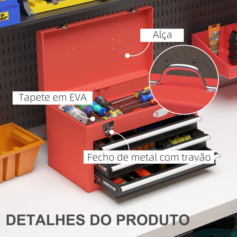 DURHAND Caixa de Ferramentas de Aço Baú de Ferramentas Portátil com 2 Gavetas e 1 Caixa Superior e Alça 45x24x27 cm Vermelho