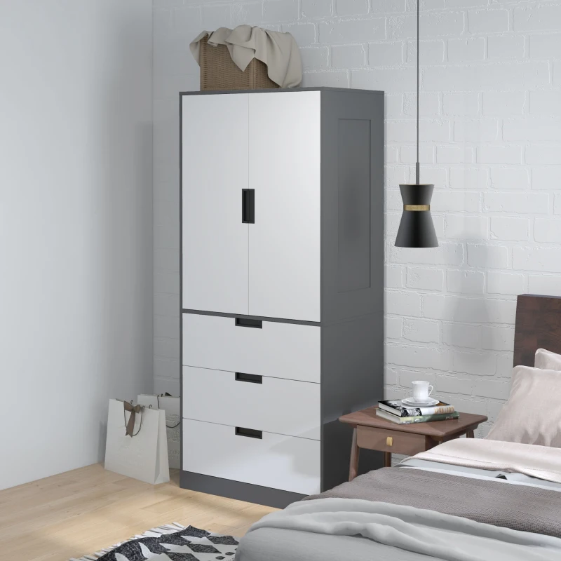 HOMCOM 2 Door Wardrobe, Modern Wardrobe with 3 Drawers and Hanging Rod for Bedroom, Grey