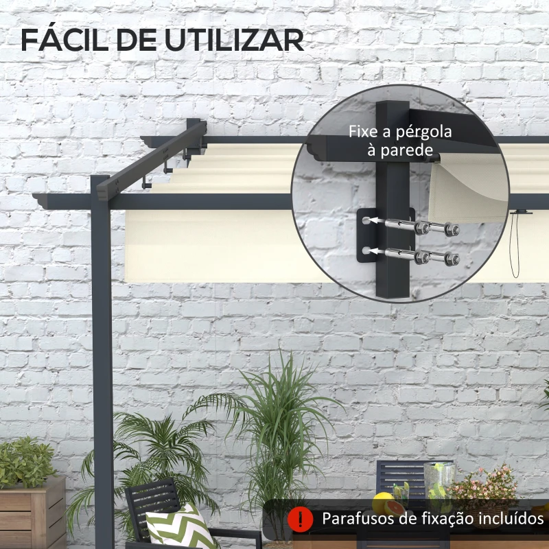 Outsunny Pérgola de Parede 3x3 m Pérgola de Jardim com Teto Retrátil de Poliéster e Estrutura de Aço Creme e Cinza Escuro