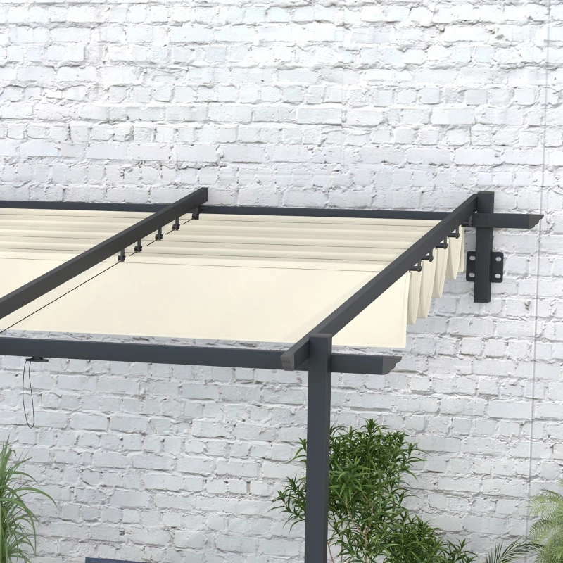 Outsunny Pérgola de Parede 3x3 m Pérgola de Jardim com Teto Retrátil de Poliéster e Estrutura de Aço Creme e Cinza Escuro