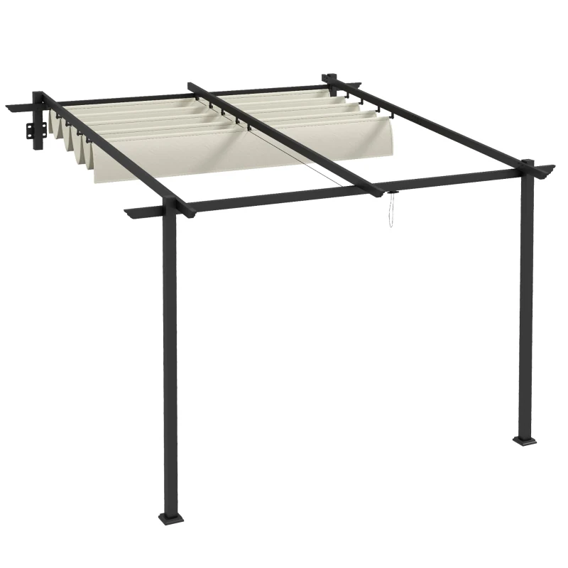 Outsunny Pérgola de Parede 3x3 m Pérgola de Jardim com Teto Retrátil de Poliéster e Estrutura de Aço Creme e Cinza Escuro