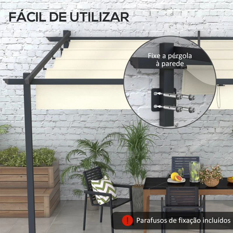 Outsunny Pérgola de Parede 4x3 m Pérgola de Jardim com Teto Retrátil de Poliéster e Estrutura de Aço Creme e Cinza Escuro