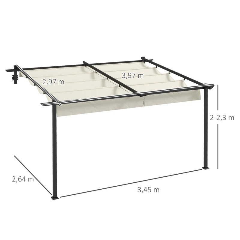 Outsunny Pérgola de Parede 4x3 m Pérgola de Jardim com Teto Retrátil de Poliéster e Estrutura de Aço Creme e Cinza Escuro