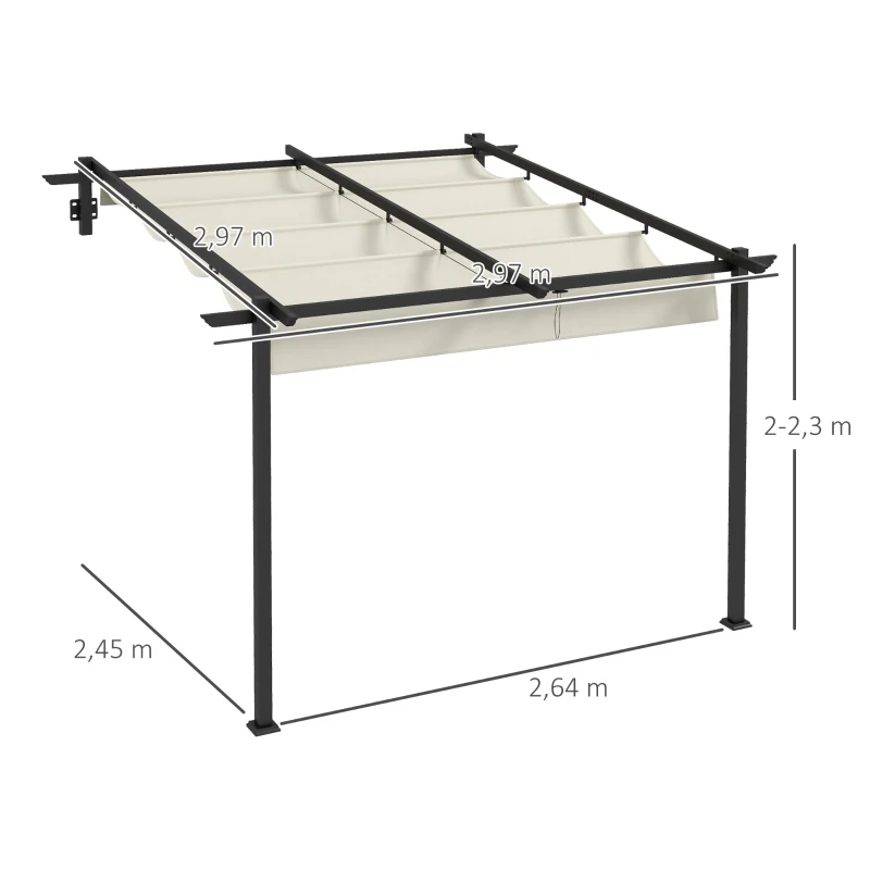 Outsunny Pérgola de Parede 3x3 m Pérgola de Jardim com Teto Retrátil de Poliéster e Estrutura de Aço Creme e Cinza Escuro