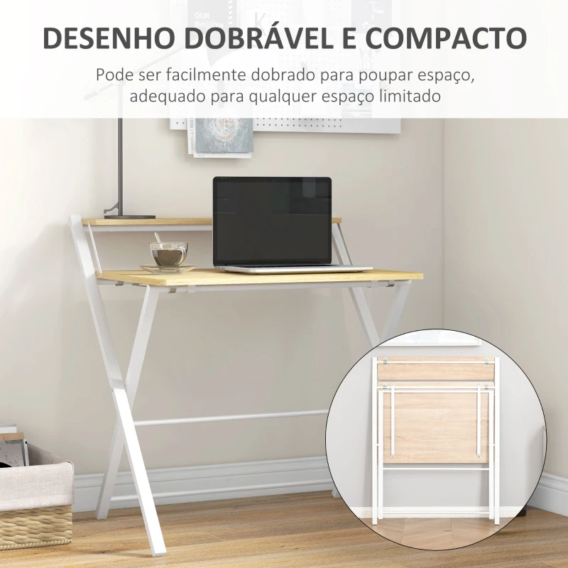 HOMCOM Secretária Dobrável Mesa de Estúdio com Prateleira Superior Estilo Moderno 81,5x70x84 cm Madeira e Branco