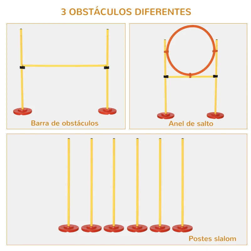 PawHut Treino de Agilidade para Cães de 3 Peças Kit Agility com Obstáculos de Salto Aro Poste com Altura Ajustável  Amarelo