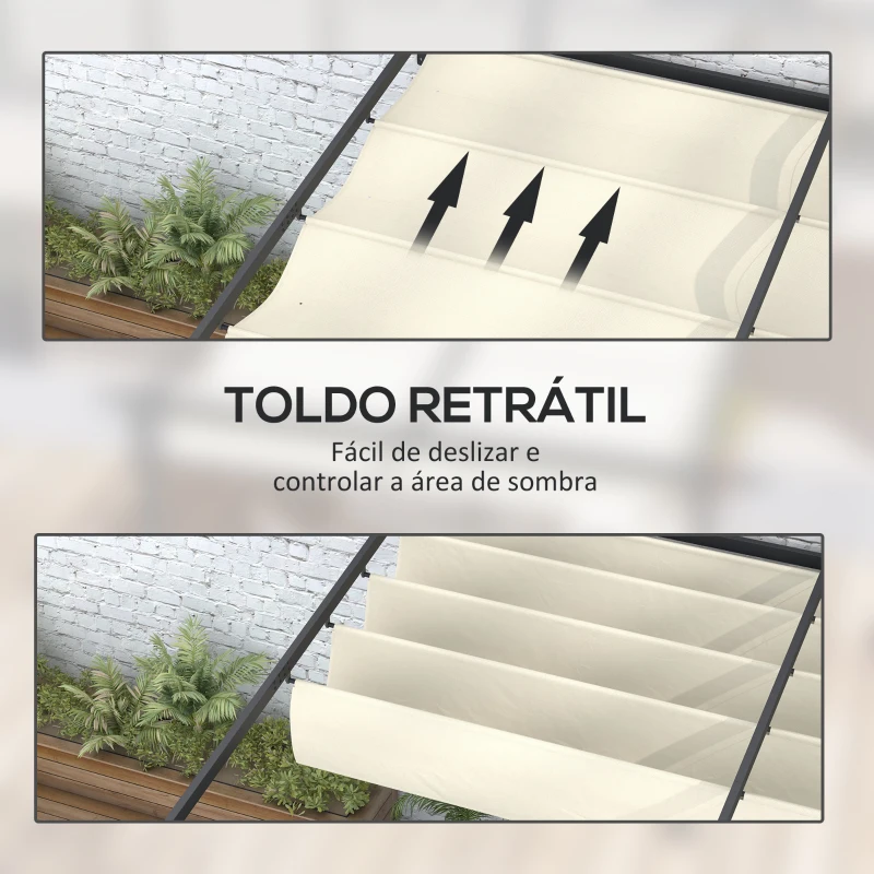 Outsunny Pérgola de Parede 4x3 m Pérgola de Jardim com Teto Retrátil de Poliéster e Estrutura de Aço Creme e Cinza Escuro
