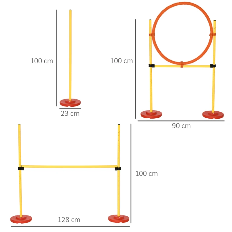 PawHut Treino de Agilidade para Cães de 3 Peças Kit Agility com Obstáculos de Salto Aro Poste com Altura Ajustável  Amarelo