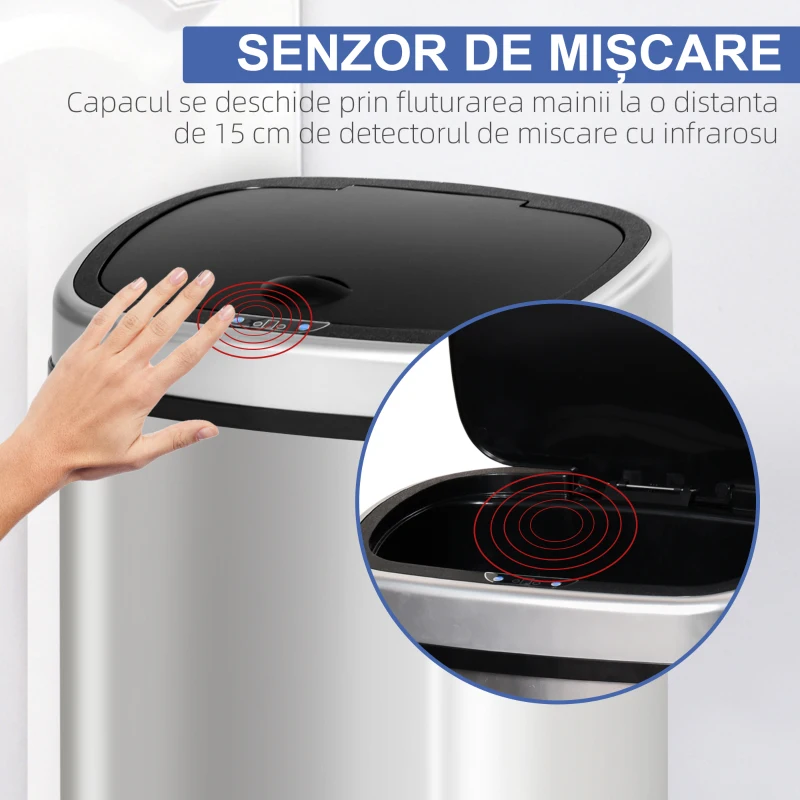 HOMCOM Cos Gunoi Inox – 58 L, Cu Senzor pentru Deschidere Automata(m-5)