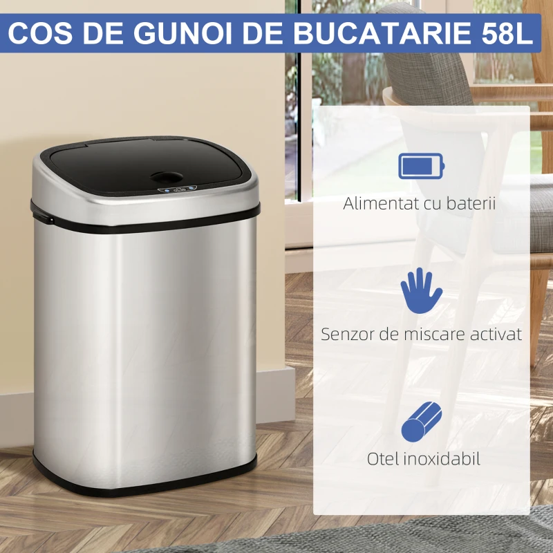 HOMCOM Cos Gunoi Inox – 58 L, Cu Senzor pentru Deschidere Automata(m-4)