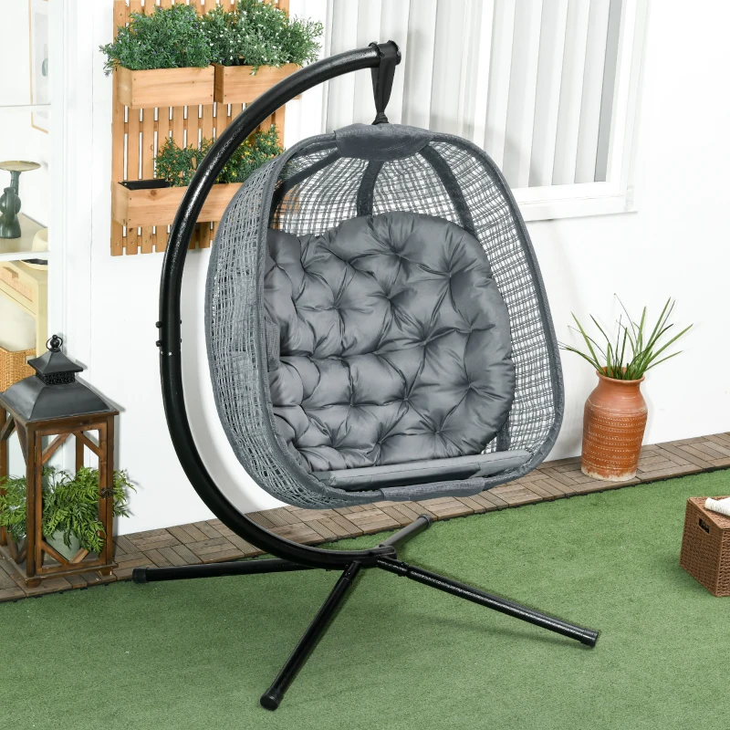 Outsunny Outdoor Swing Chair with Thick Padded Cushion, Patio Hanging Chair with Metal Stand, Egg Chair with Foldable Basket, Cup Holder, for Indoor and Outdoor, Dark Grey