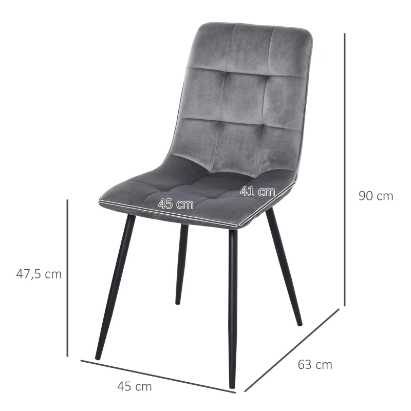 HOMCOM 6er-Set Esszimmerstuhl Polsterstuhl Küchenstuhl mit Samt-Optik Esstisch Samt Metall Grau+Schwarz 45 x 63 x 90 cm