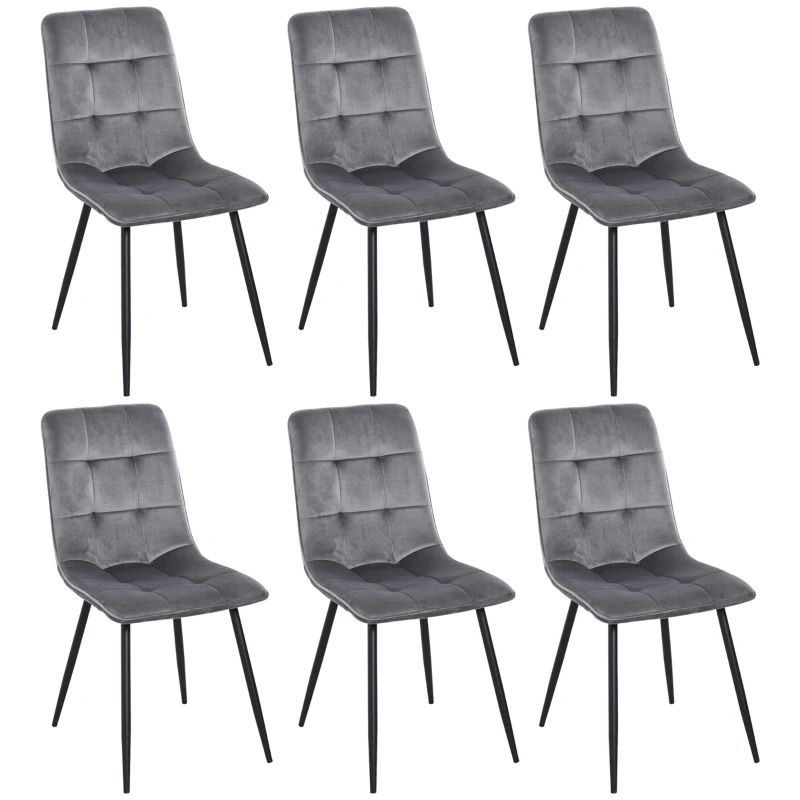 HOMCOM 6er-Set Esszimmerstuhl Polsterstuhl Küchenstuhl mit Samt-Optik Esstisch Samt Metall Grau+Schwarz 45 x 63 x 90 cm