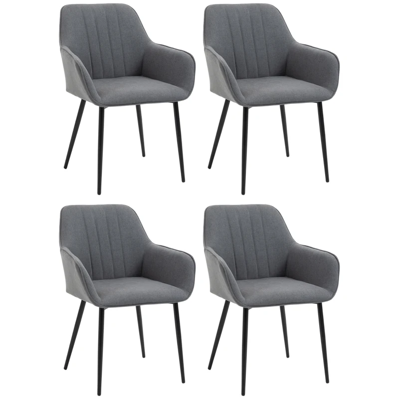 HOMCOM Set van 4 Eetkamerstoelen, Stoelen met Gestoffeerde Zitplaats, Rugleuning en Armleuningen, Linnen, Donkergrijs, 59,5 x 56,5 x 81 cm