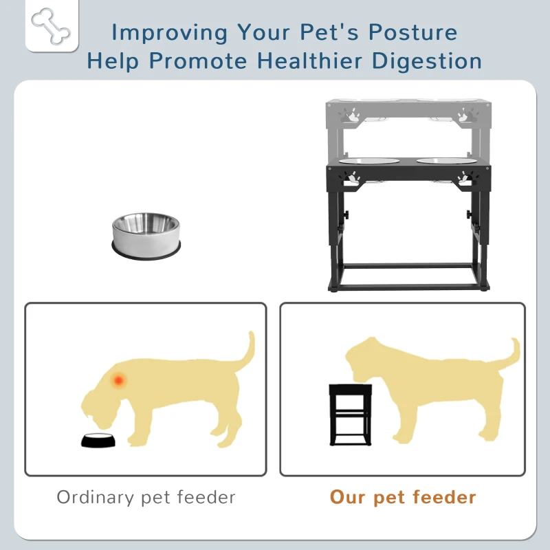 PawHut Portaciotole per Cani 44x27x51 cm a 7 Altezze Regolabili con 2 Ciotole Rialzate Ø19x6 cm, in Acciaio Nero