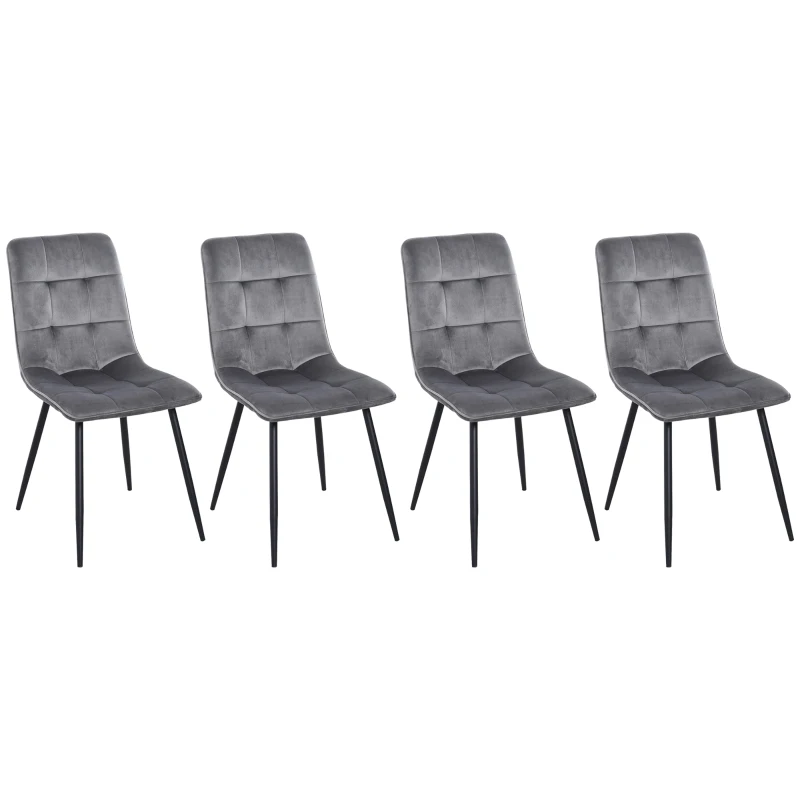 HOMCOM 4er-Set Esszimmerstuhl Polsterstuhl Küchenstuhl mit Samt-Optik Esstisch Samt Metall Grau+Schwarz 45 x 63 x 90 cm