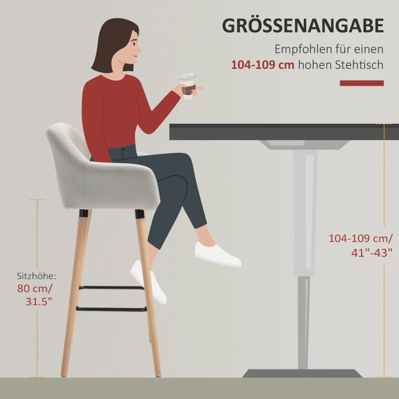 HOMCOM 4er-Set Barhocker, inkl. Fußstütze, Massivholz, 55 cm x 48c m x 100 cm,  Beige + Natur