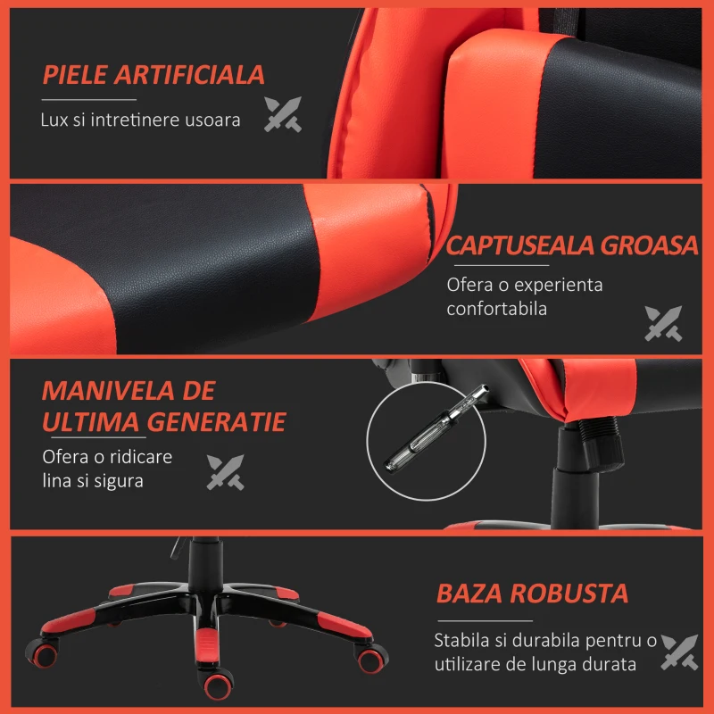 HOMCOM Fotoliu de Birou Gaming Rotativ Reclinabil in Piele Sintetica, Negru-Rosu