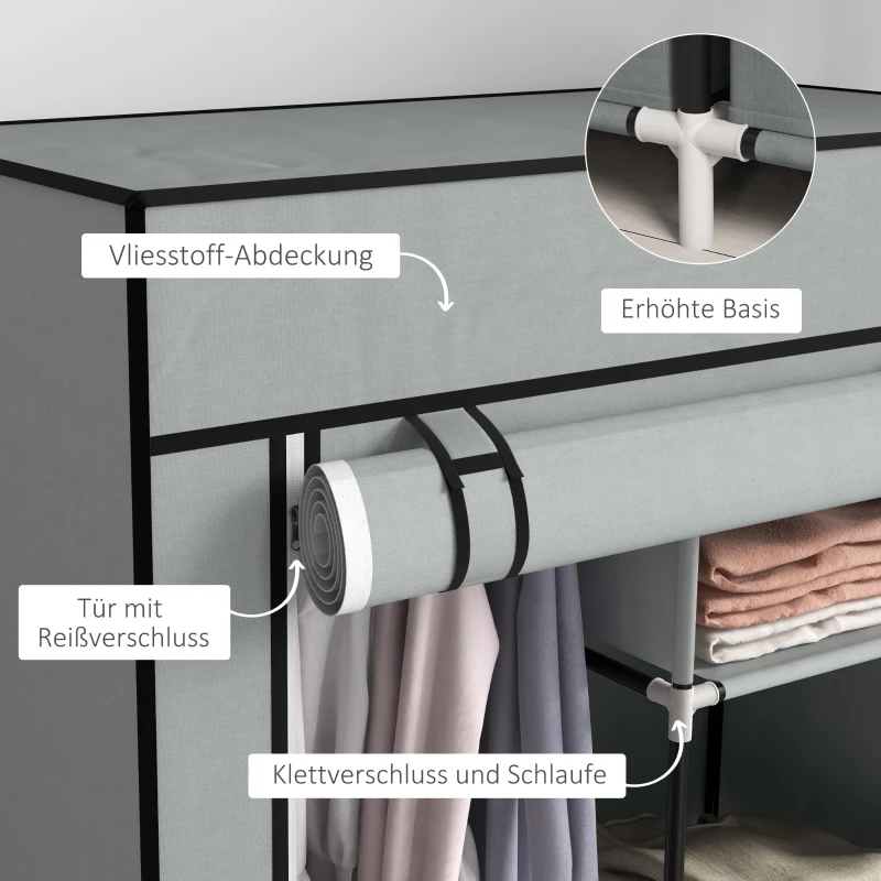 HOMCOM Kledingkast Stoffen Kast 1 Kledingstang, 2 Laden, 83 x 42,5 x 162,5 cm, Grijs