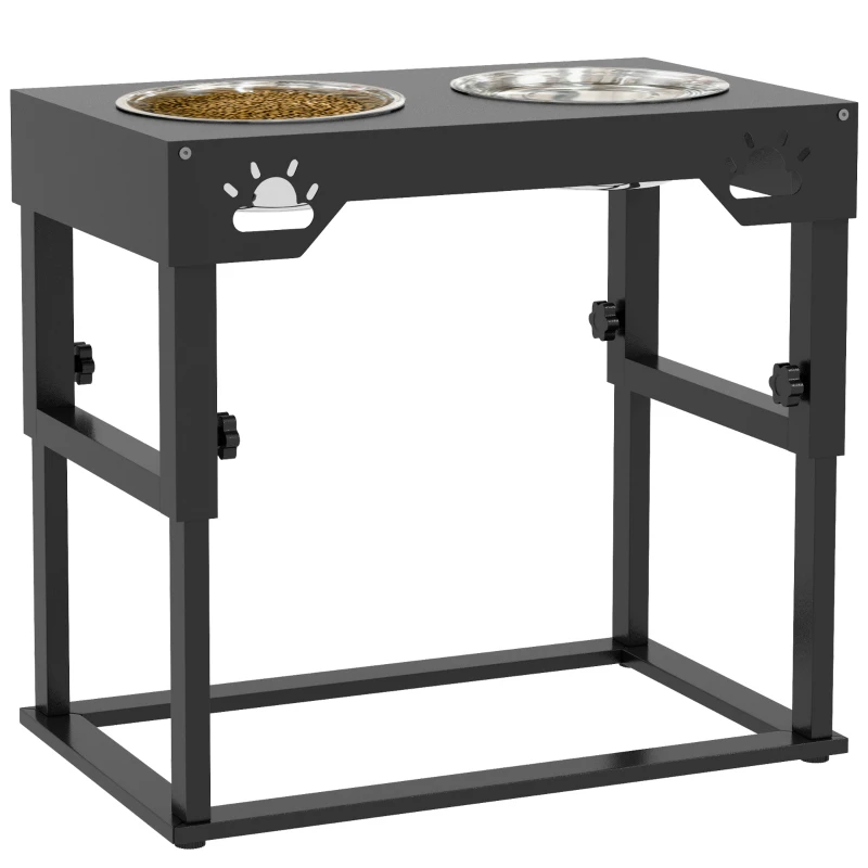 PawHut Portaciotole per Cani 44x27x51 cm a 7 Altezze Regolabili con 2 Ciotole Rialzate Ø19x6 cm, in Acciaio Nero