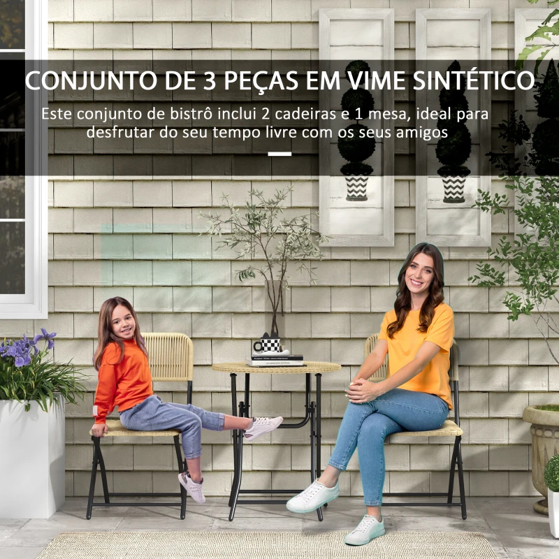 Outsunny Conjunto de Mesa e Cadeiras de Vime Conjunto de 3 Peças Móveis de Jardim Dobrável com 2 Cadeiras e 1 Mesa Redonda Madeira
