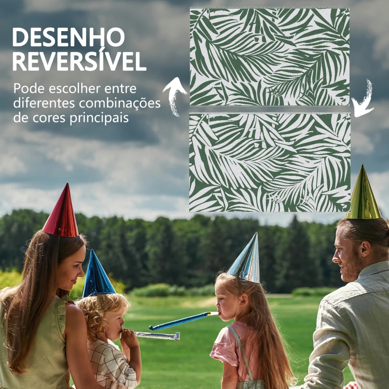 Outsunny Tapete de Exterior 152x243 cm Reversível com Padrão de Folhas para Varanda Pátio Campismo Praia Verde Escuro e Branco