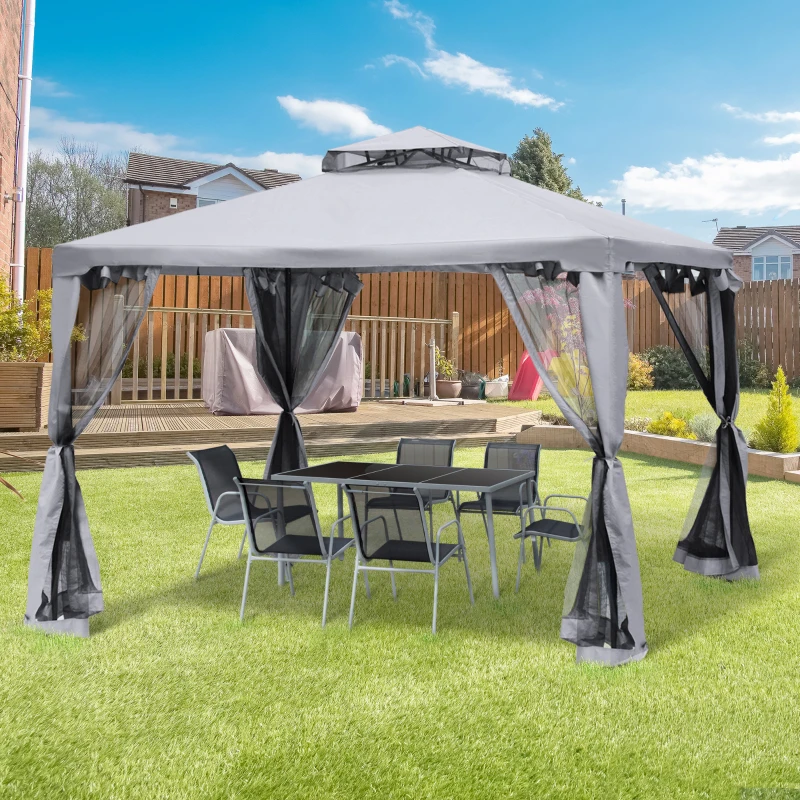 Outsunny Pérgola de Jardim 294x294x265cm com Duplo Teto de Ventilação 8 Orifícios de Drenagem e 4 Telas Mosquiteiras Cinza